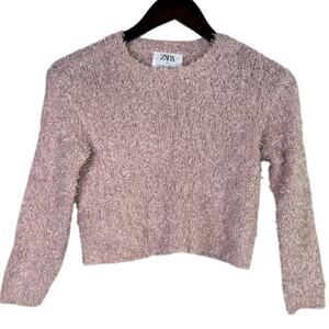 ZARA Girls Fuzzy Knit Crew Neck Long Sleeve Stretchy Sweater Lightweight 6 Pink